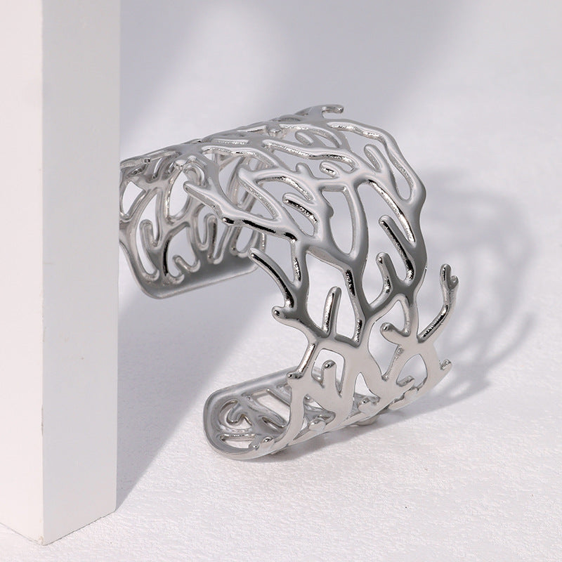 Vintage Irregular Hollow-Out Wide Cuff Bracelet for Women in Stainless Steel with Plated Finish