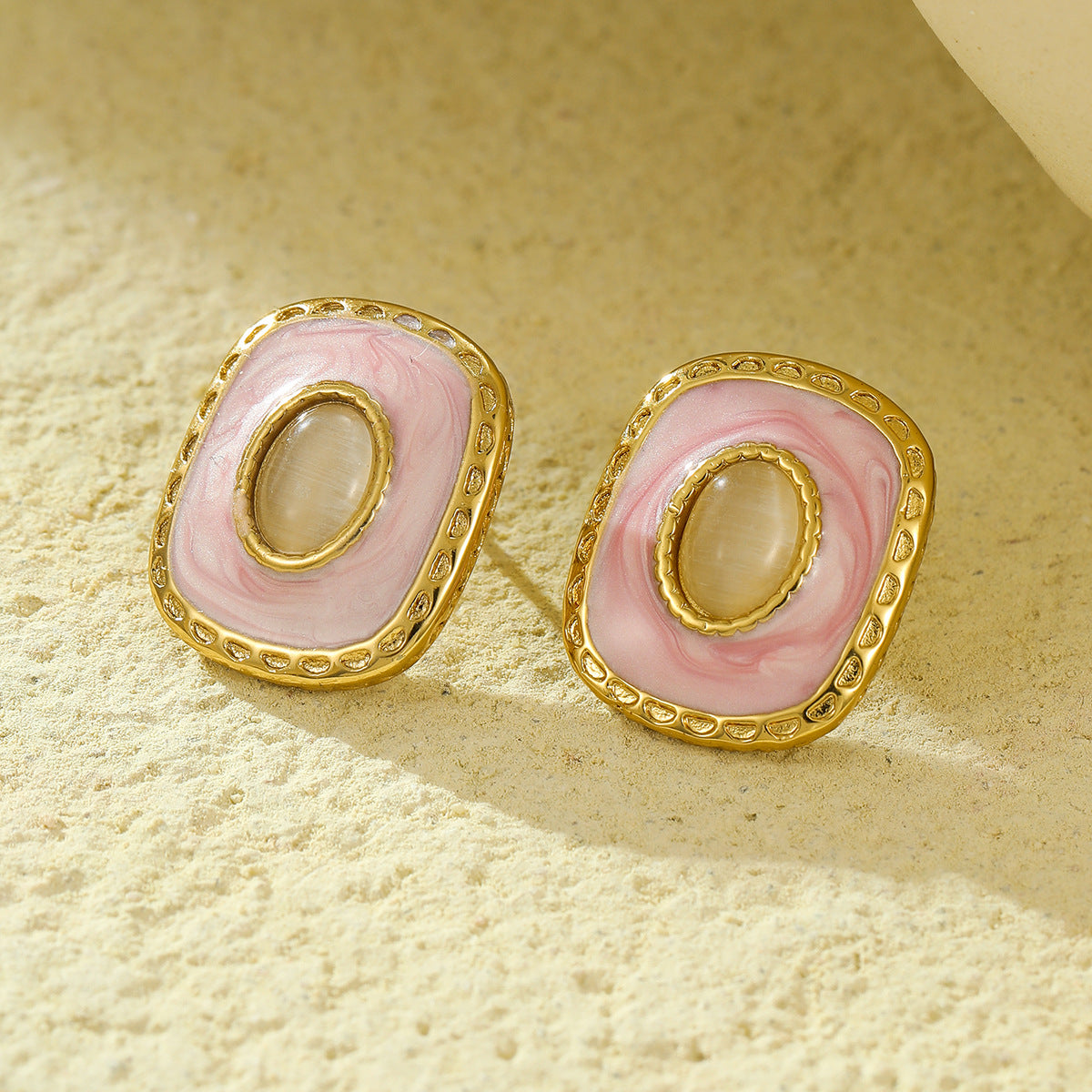 Pendientes cuadrados de acero de titanio estilo vintage para mujer con incrustaciones de esmalte y detalles de piedras naturales