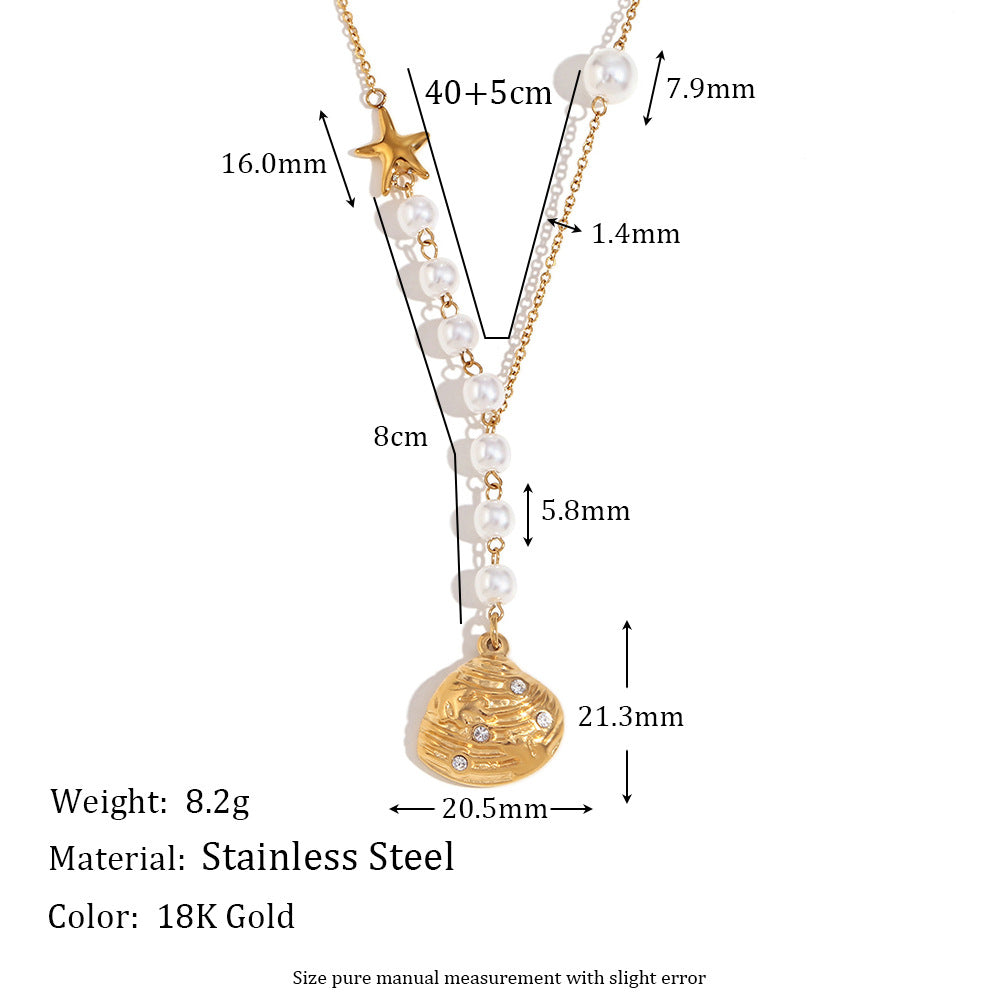 Vintage-Inspired Asymmetrical Seashell Pendant Necklace for Women in Stainless Steel with 18K Gold Plating and Rhinestone Accents