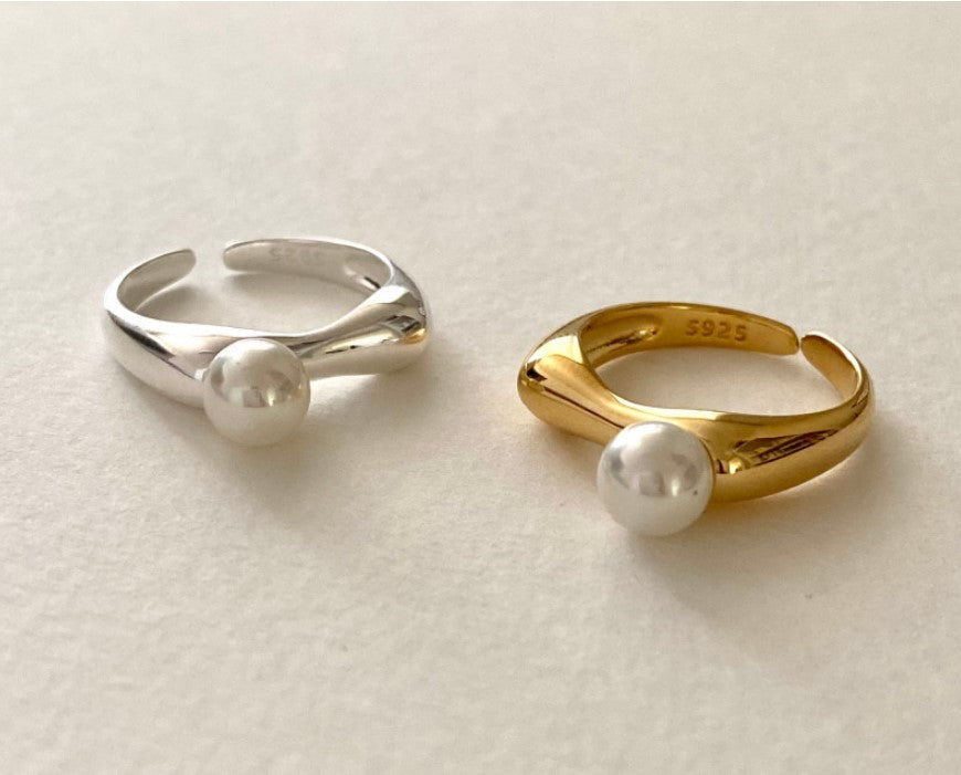 Anello aperto in argento sterling 925 con perla, motivo geometrico, stile naturale, da donna