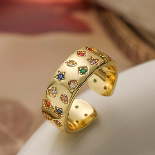 Geometric Open Ring for Women with Micro-Paved Zirconia on Copper Base Vintage Fashionable Accessory