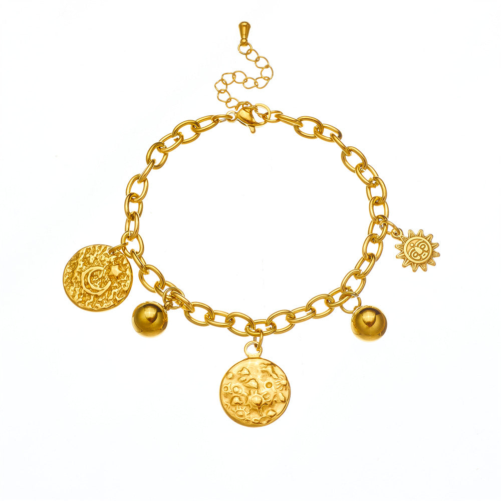 Bracciale Pendente Vintage Sole e Luna Irregolare con Catena in Acciaio Inossidabile e Finitura Placcata