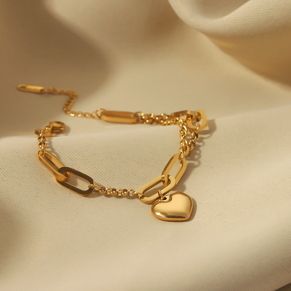 Minimalist Heart-Shaped Stainless Steel Bracelet with 18K Gold Plating for Women