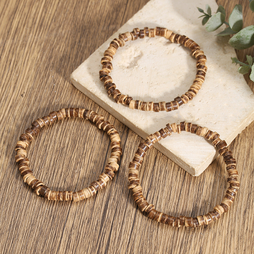 Hip-hop Punk Vintage Geometric Round Coconut Shell Handmade Bracelet Set for Unisex