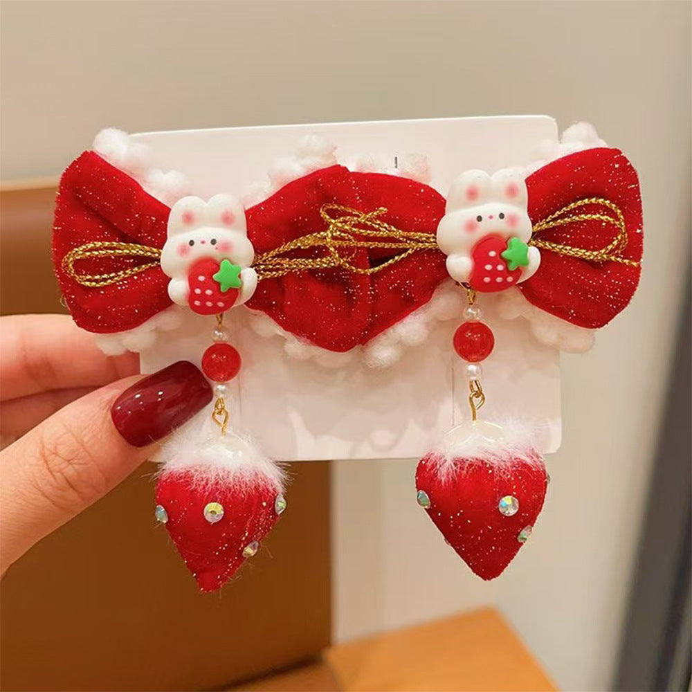 Juego de pinzas para el pelo de conejo y fresa de dibujos animados para niñas con diseño de lazo y cristales rojos estilo princesa