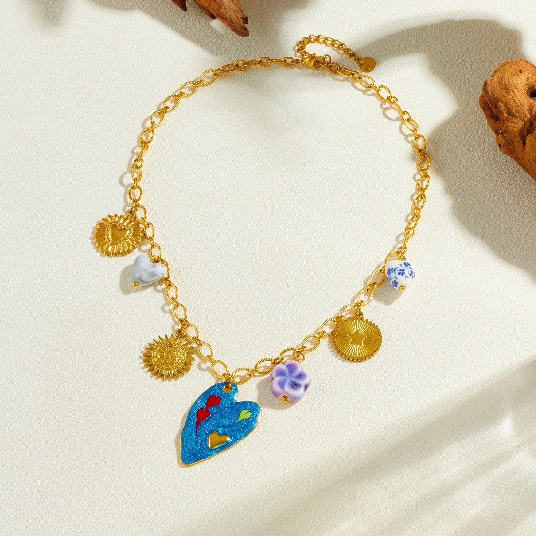 Creative Drip Oil Gold Plated Heart Floral Ceramic Pendant Stainless Steel Cable Chain Necklace for Women