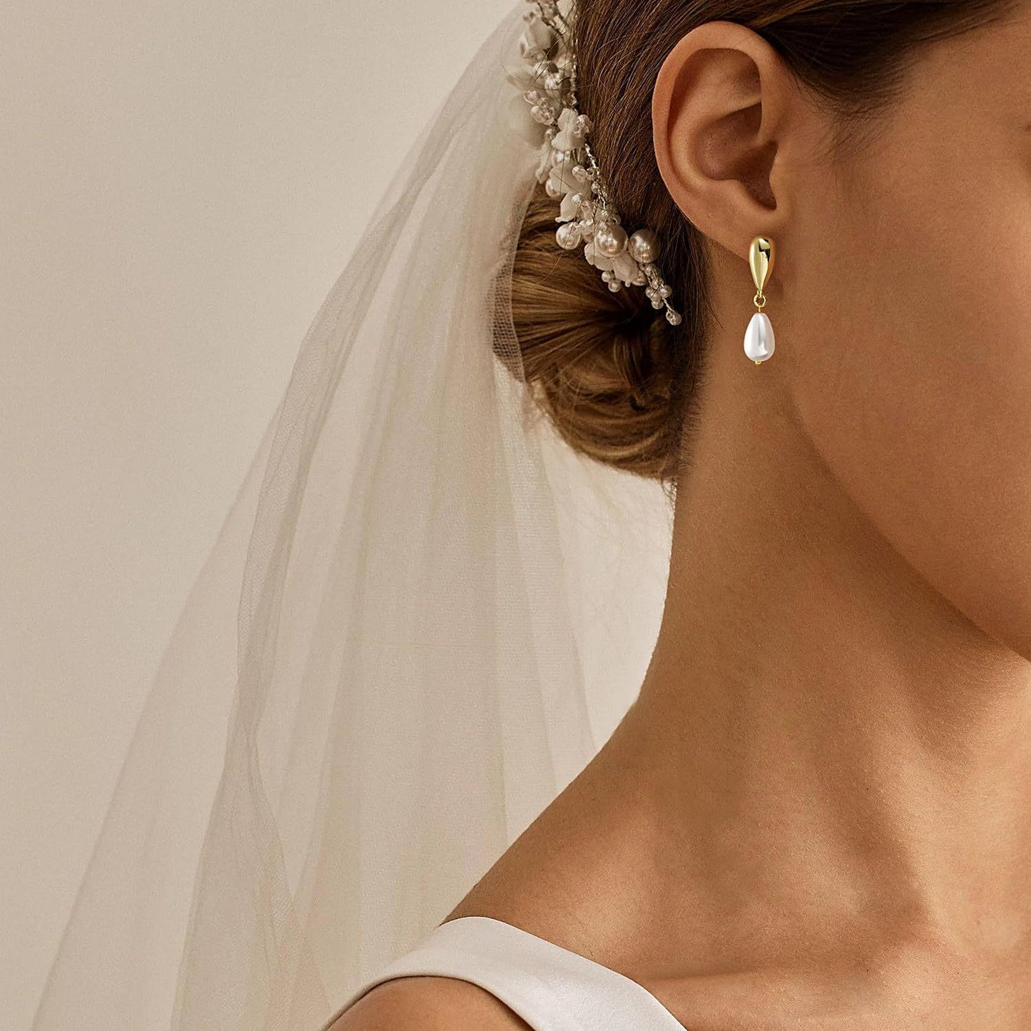 Minimalist Elegant Teardrop Round Pearl Brass Plated Earrings with 925 Sterling Silver Posts for Women
