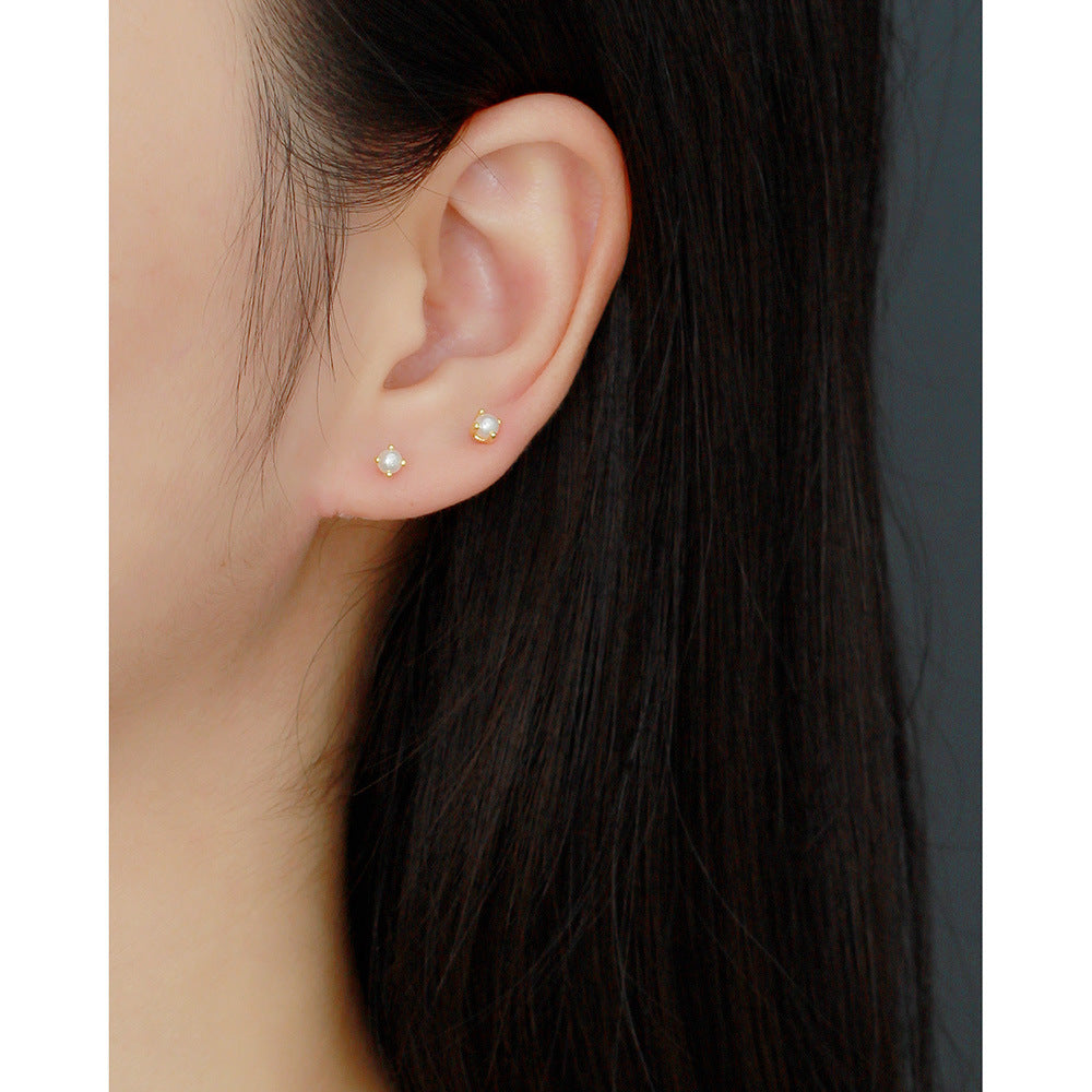 Sweet 925 Sterling Silver Round Geometric Plated Pearl Stud Earrings