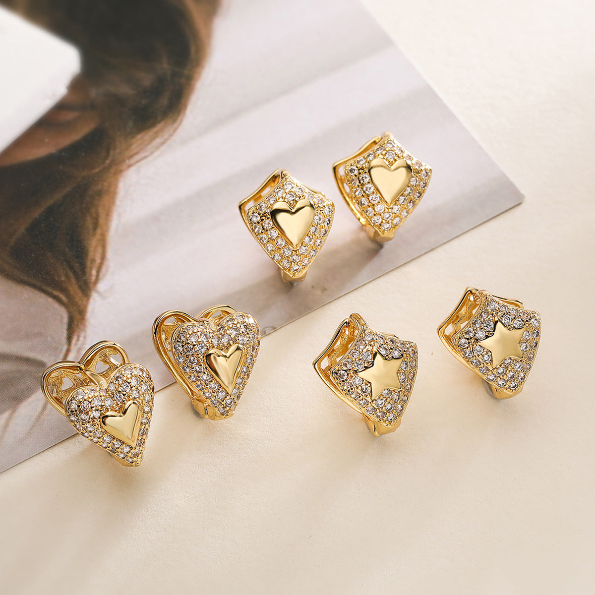 Minimalist Geometric Heart-Shaped Zirconia Ear Clips for Women in Copper with 18K Gold Plating