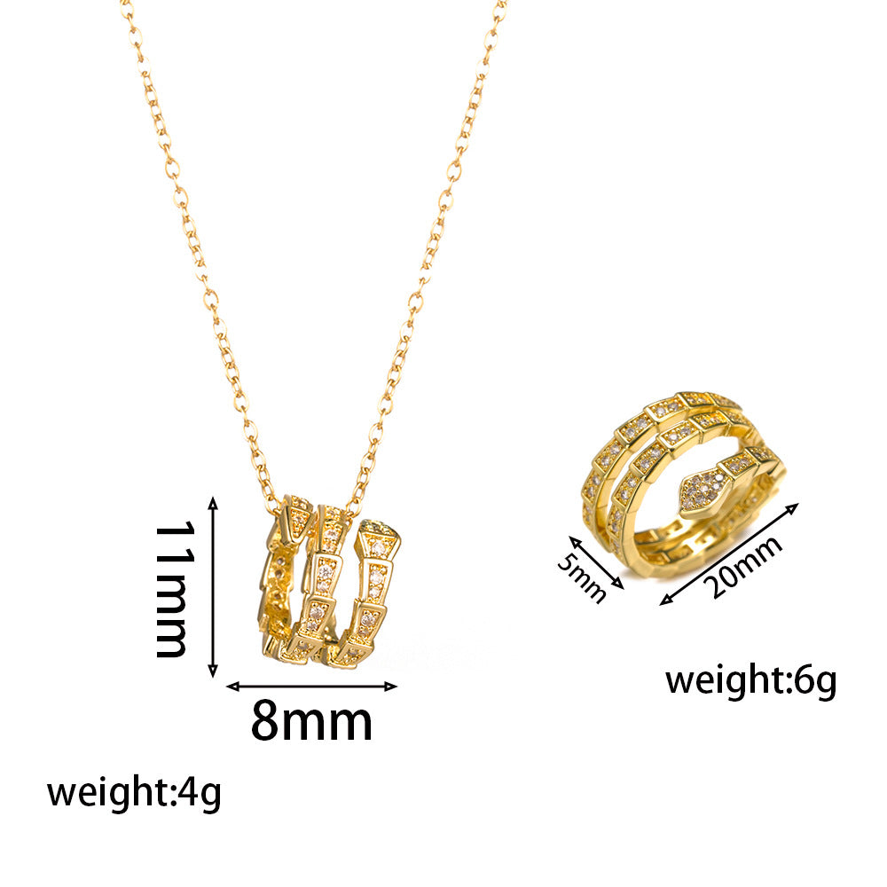 Fashionable Snake-Shaped Pendant Necklace for Women in Titanium Steel with Rhinestone Inlay and O-Chain
