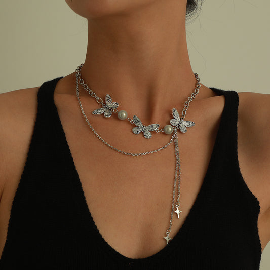 Glow-in-the-Dark Pearl Butterfly Necklace for Women with Alloy Pendant and Plated Finish