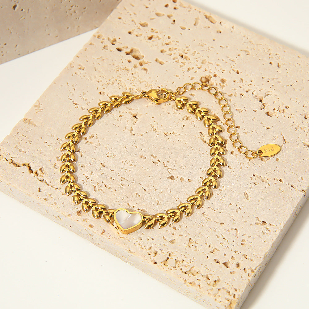 Minimalist Heart-Shaped White Abalone Shell Bracelet in Stainless Steel with 18K Gold Plating for Women