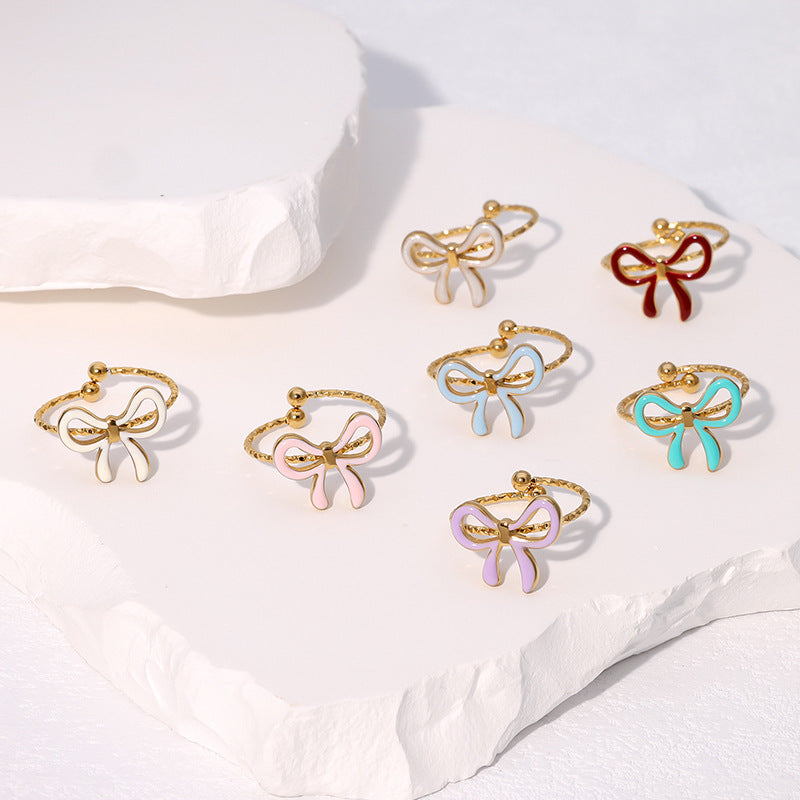 Delizioso Anello Aperto da Donna a Forma di Fiocco in Acciaio Inossidabile Placcato Oro Stile Minimalista