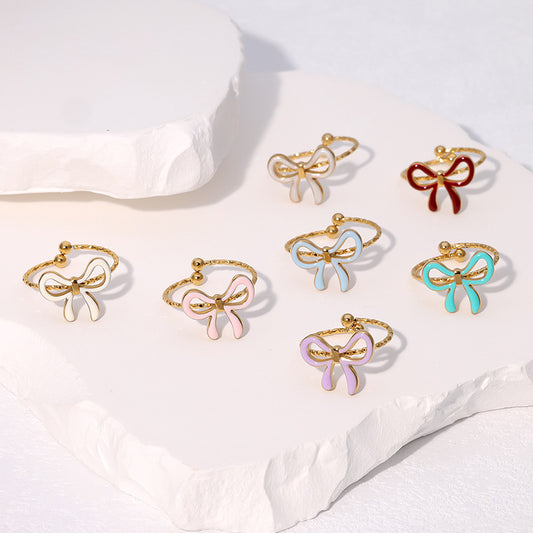 Dulce Anillo Abierto Minimalista Chapado en Oro con Forma de Lazo de Acero Inoxidable para Mujer