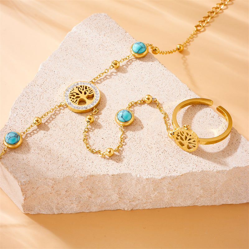 Bracciale di Tendenza Blu Turchese in Stile Vintage con Albero della Vita e Catena in Acciaio Inox Placcato Oro