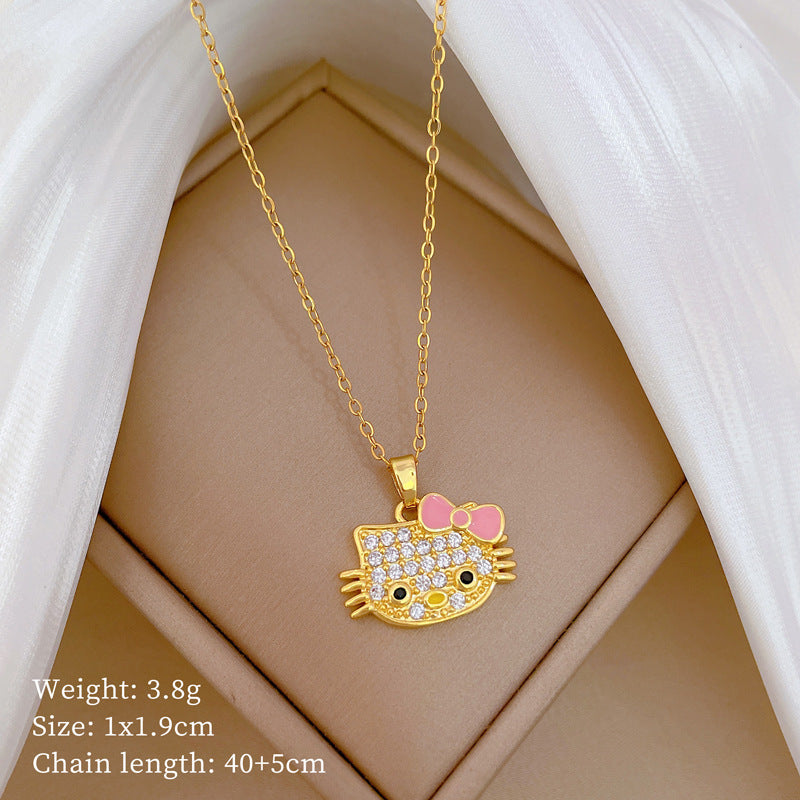 Ciondolo a Cuore in Stile Cartone Animato in Rame con Intarsio di Strass su Collana a Catena a "O" Placcata in Acciaio al Titanio per Donna e Uomo