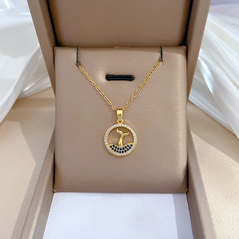 Minimalist Geometric Moon Pendant Necklace for Women and Men in Titanium Steel with Full Rhinestone Accents on Titanium Steel Chain