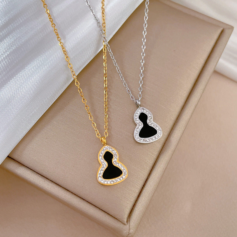 Minimalist Gourd-Shaped Full Rhinestone Titanium Steel Necklace for Women, Gold Plated Clavicle Chain