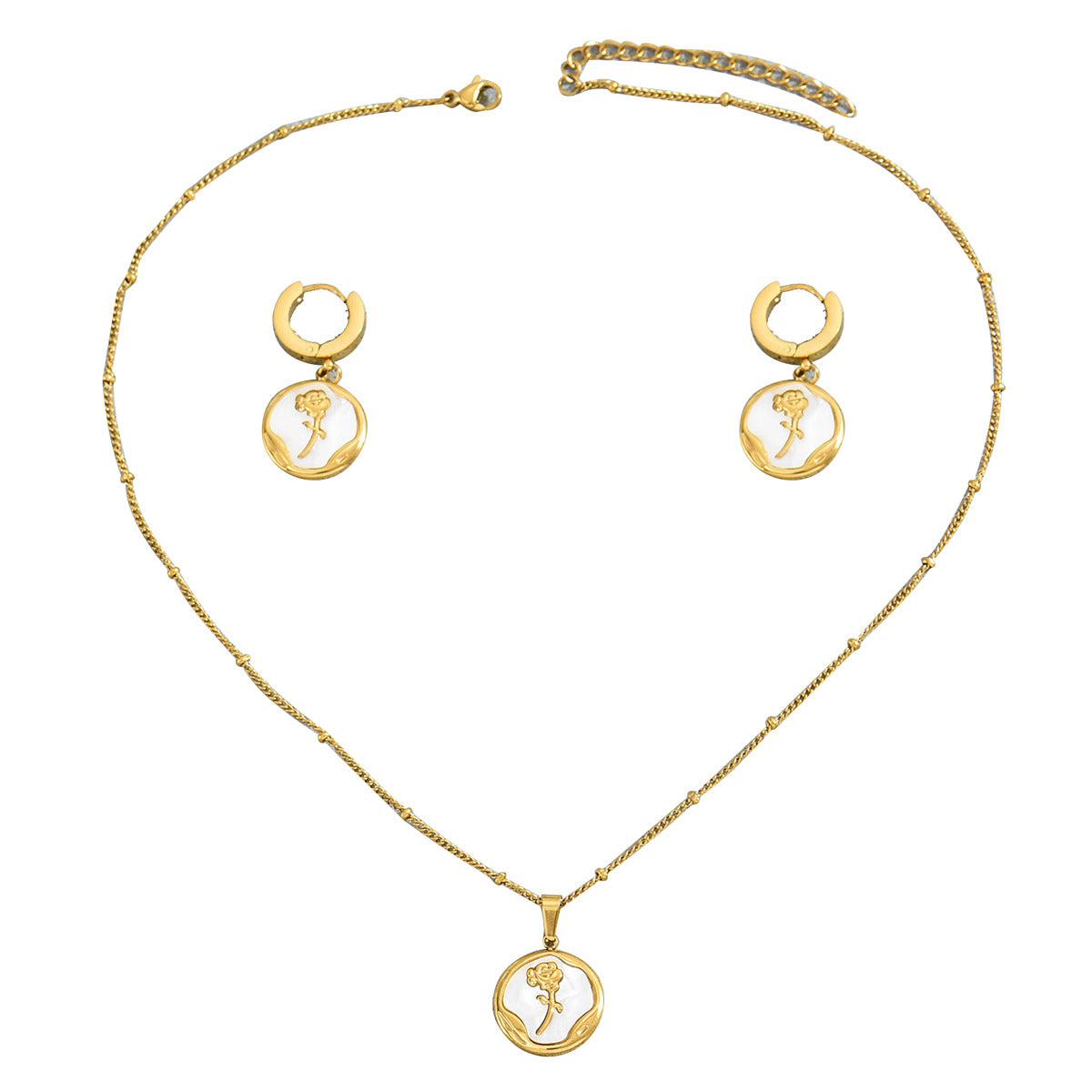 Set di Collana e Orecchini da Donna con Fiore di Rosa, Perla e Madreperla, Base in Rame e Incassatura Micro-Pave