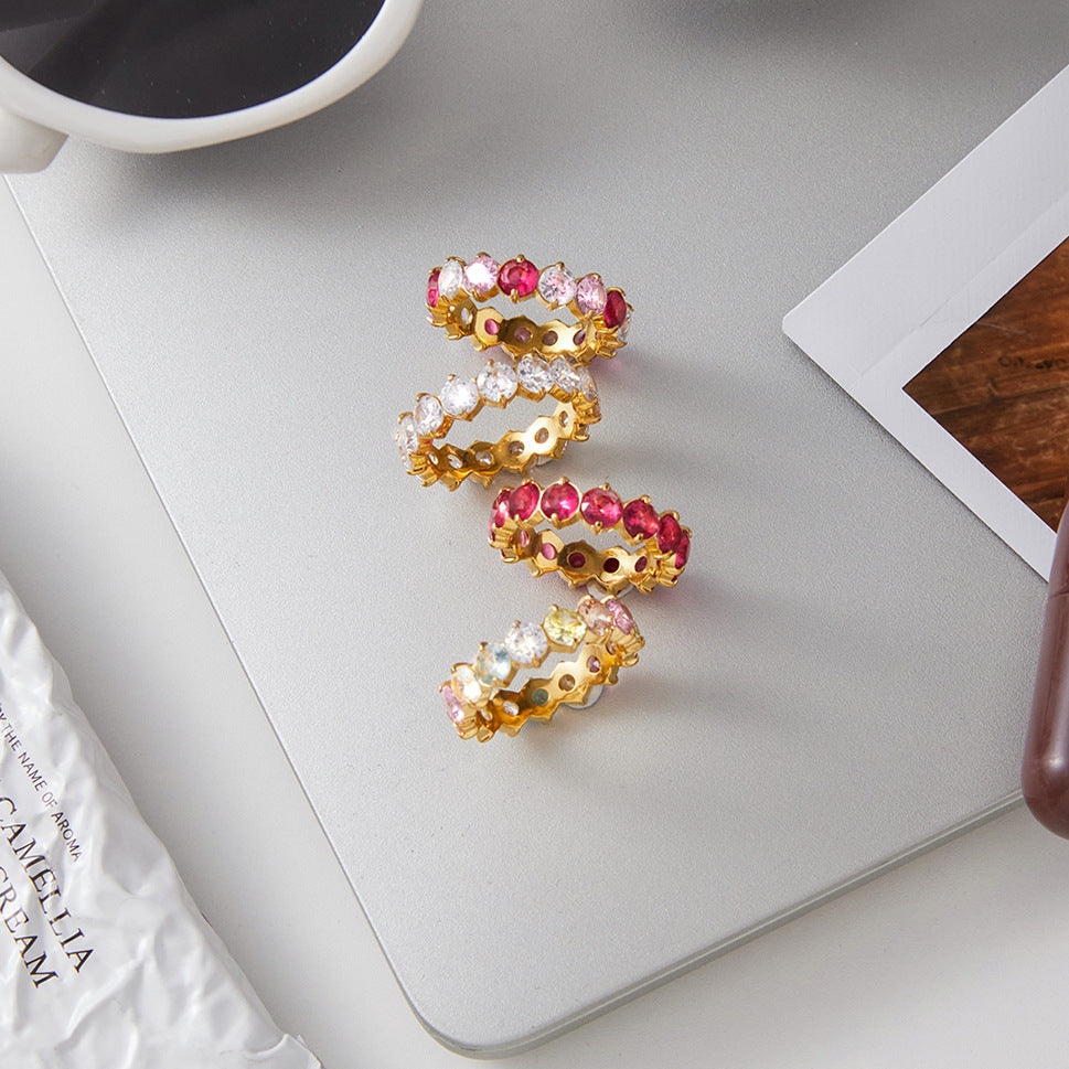 Anillo Minimalista Geométrico de Acero de Titanio con Incrustaciones de Zirconia para Mujer, Banda Hipoalergénica de Acero Inoxidable, Acabado Chapado