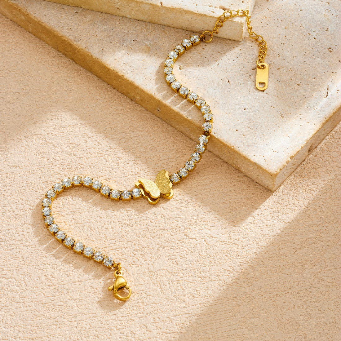 Elegant Minimalist Gold Plated Stainless Steel Butterfly Rhinestone Bracelet for Women