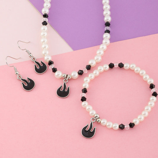 Juego de collar con colgante de llama estilo Dark Fantasy Girl con cuentas de vidrio para niños, incluye pendientes, pulsera y collar con cadena de bolas
