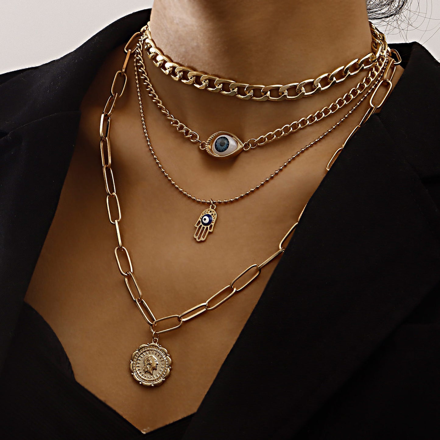 Vintage Geometric Demon Eye Round Pendant Necklace for Women with Alloy Plated Finish and Bamboo Chain