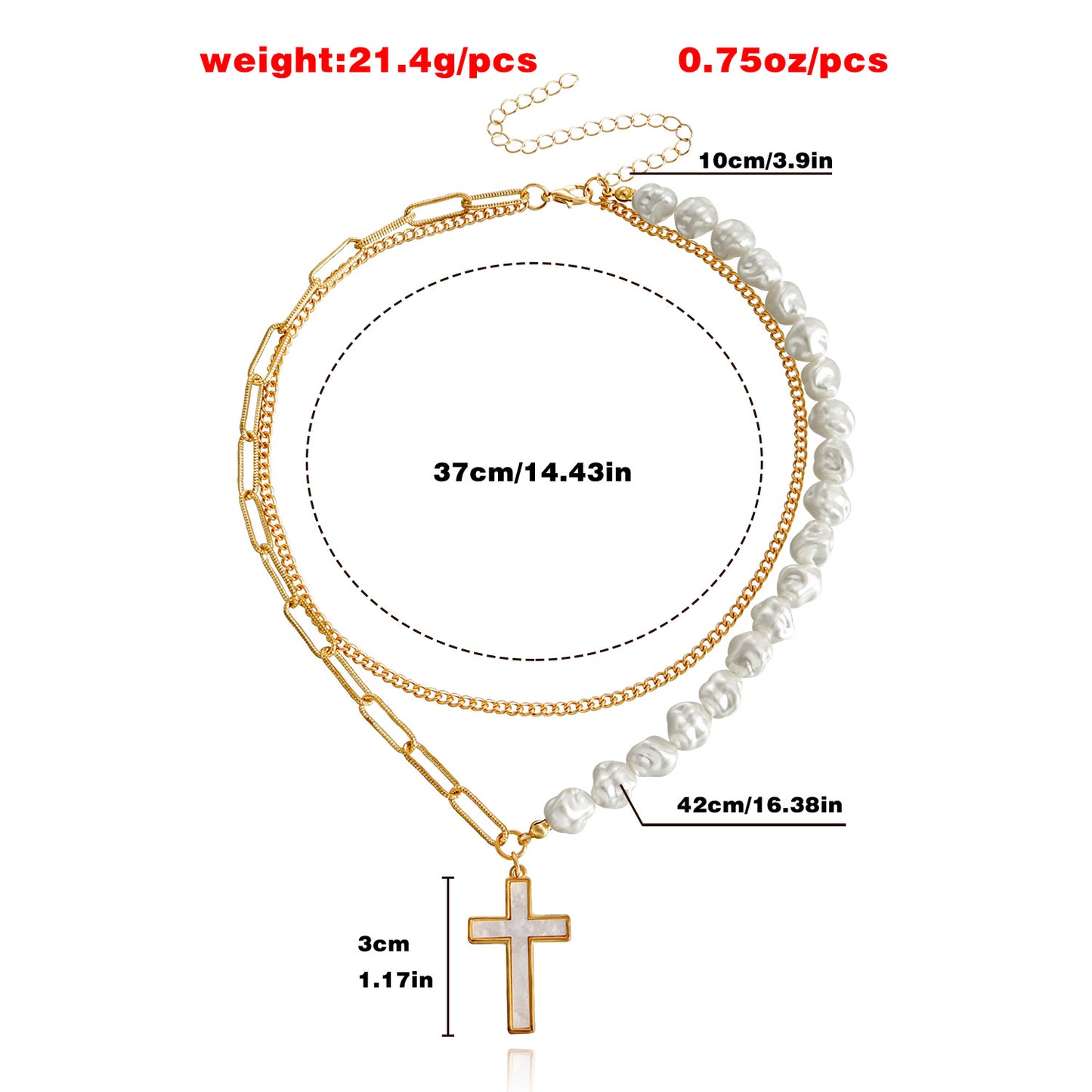 Fashionable Two-Tier Layered Cross Pendant Necklace for Women in Alloy with Electroplated Finish and White Mother-of-Pearl Inlay