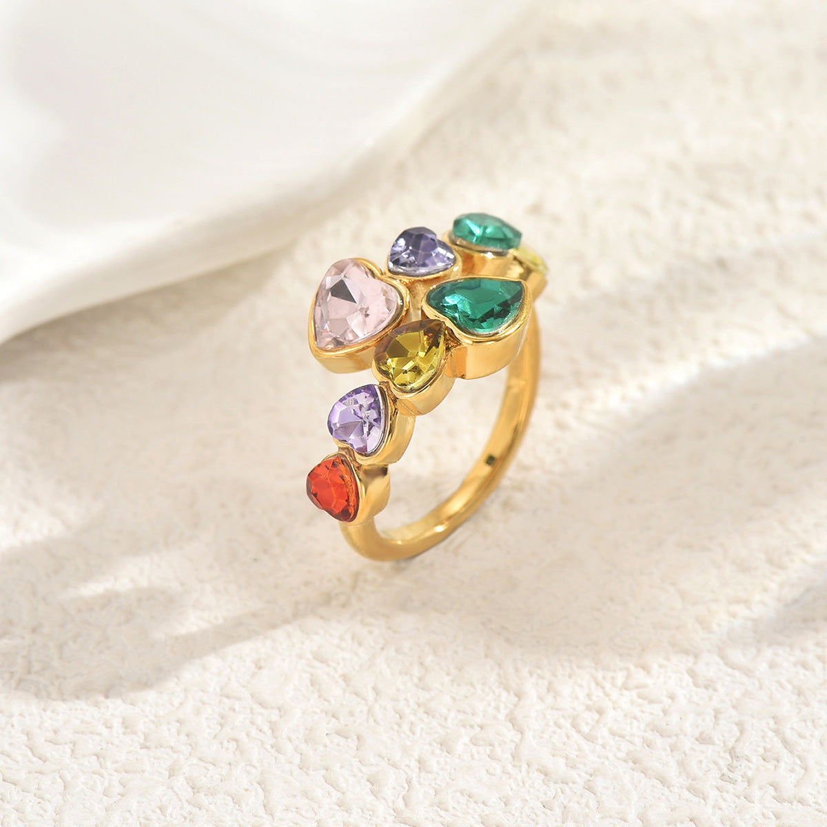 Geometric Heart-Shaped Copper Ring with Cubic Zirconia Inlay for Women Fashionable Open-Fit Index Finger Ring
