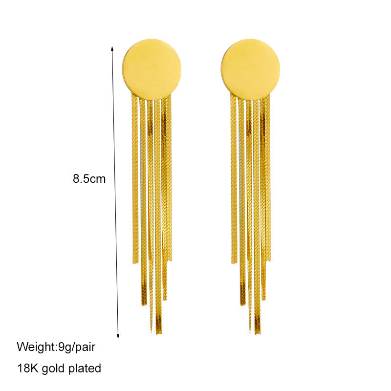 Minimalist Titanium Steel Geometric Pendant Earrings with Tassel and Circular Accents