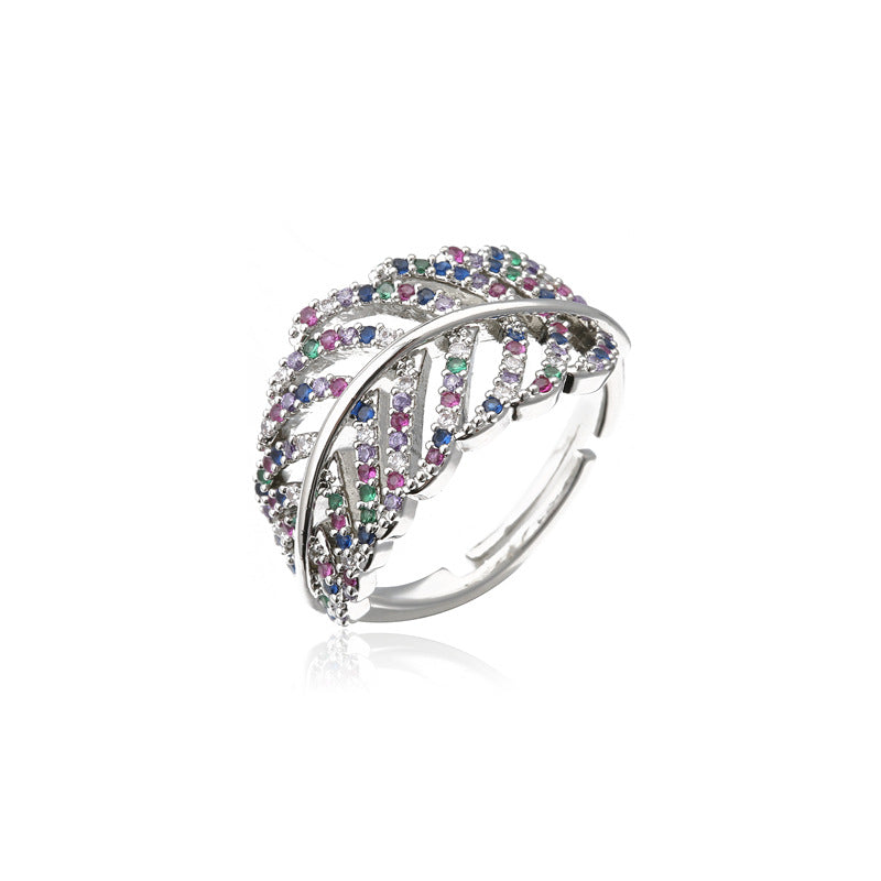 White Gold Plated Hollow Leaf Brass Ring with Micro-Inlay for Women