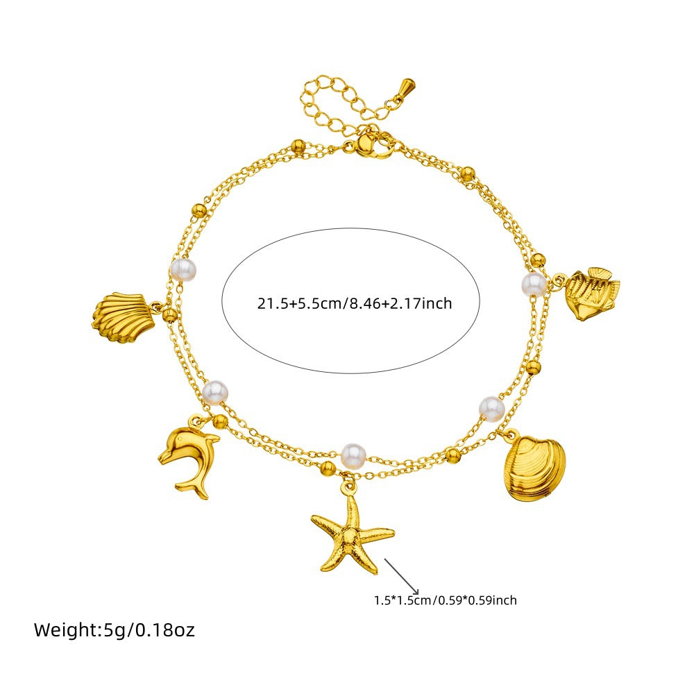 Beach Vacation Ocean Style Stainless Steel Shell Starfish Tropical Fish Pendant Anklet for Women