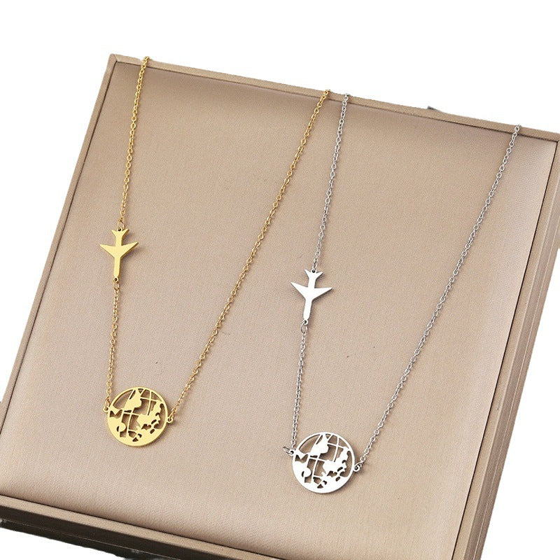Minimalist Stainless Steel Airplane and World Map Pendant Necklace with Gold or Silver Plating