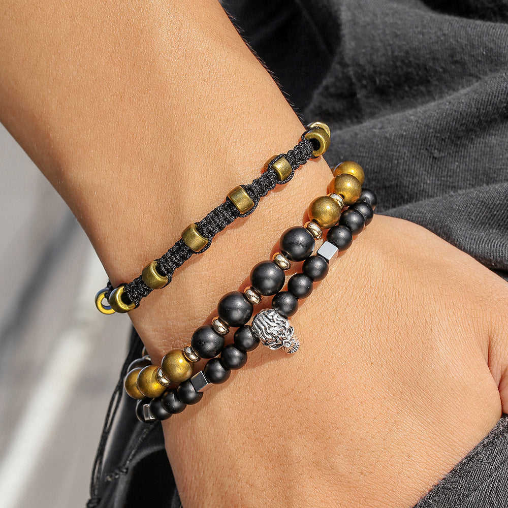 Vintage Punk Geometric Round Matte Wood Beaded Bracelet for Men
