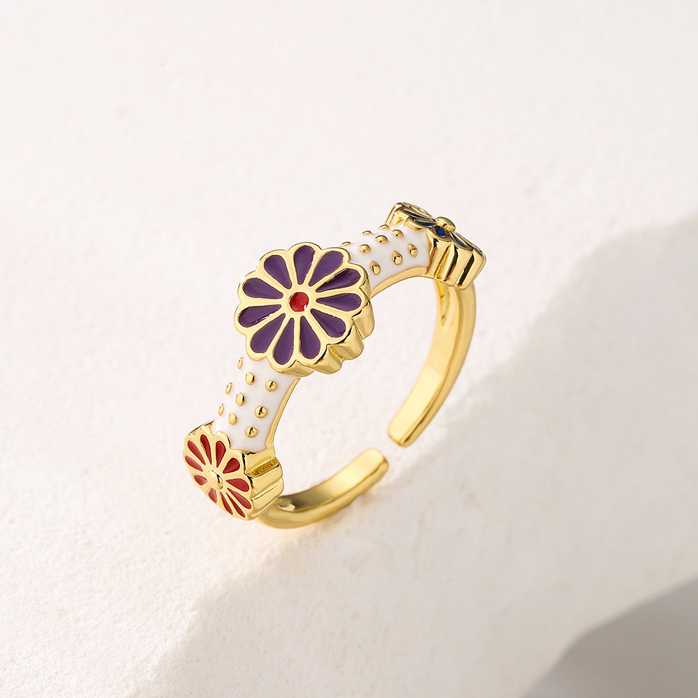 Bohemian Style Irregular Geometric Shape Copper Ring with Gold Plating and Enamel Floral Design for Women