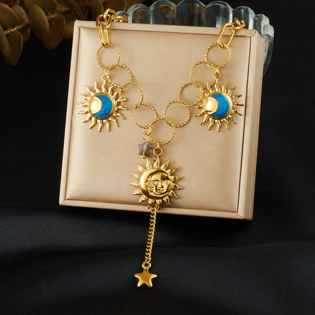 Vintage Plated Star Moon Sun Tassel Asymmetric Stainless Steel Necklace for Women
