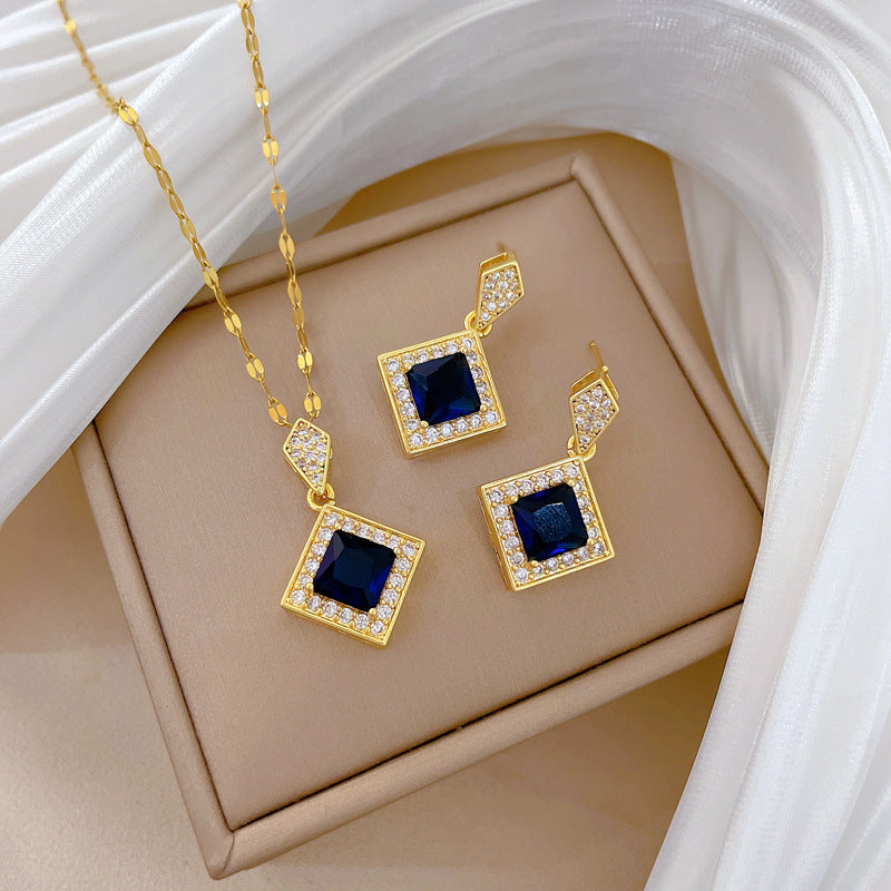 Sweet Elegant Micro-set Geometric Titanium Steel Necklace and Earring Set for Women