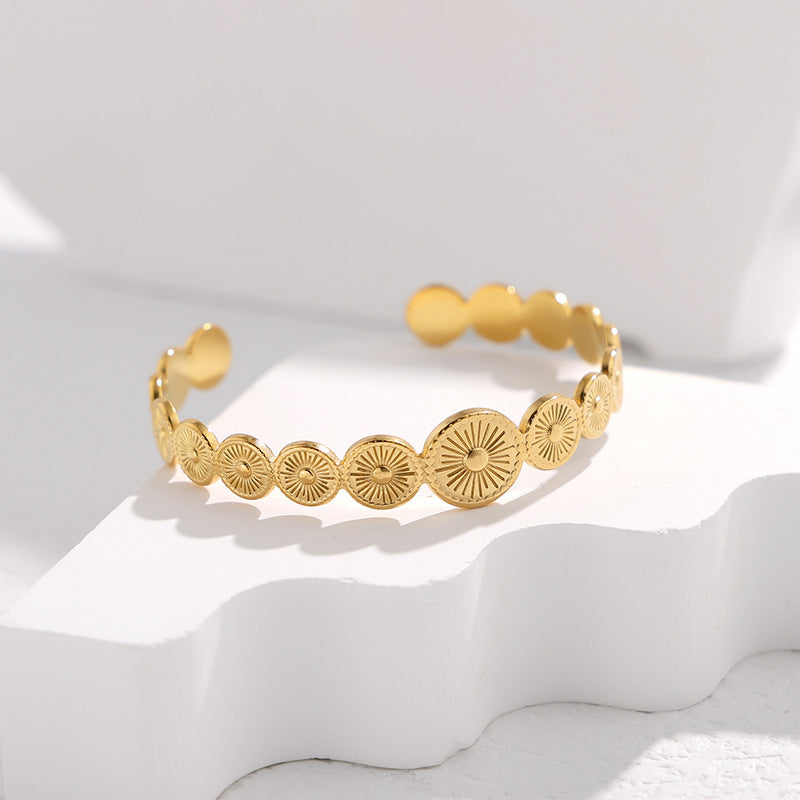 Pulsera rígida abierta geométrica vintage para mujer de acero de titanio con acabado chapado