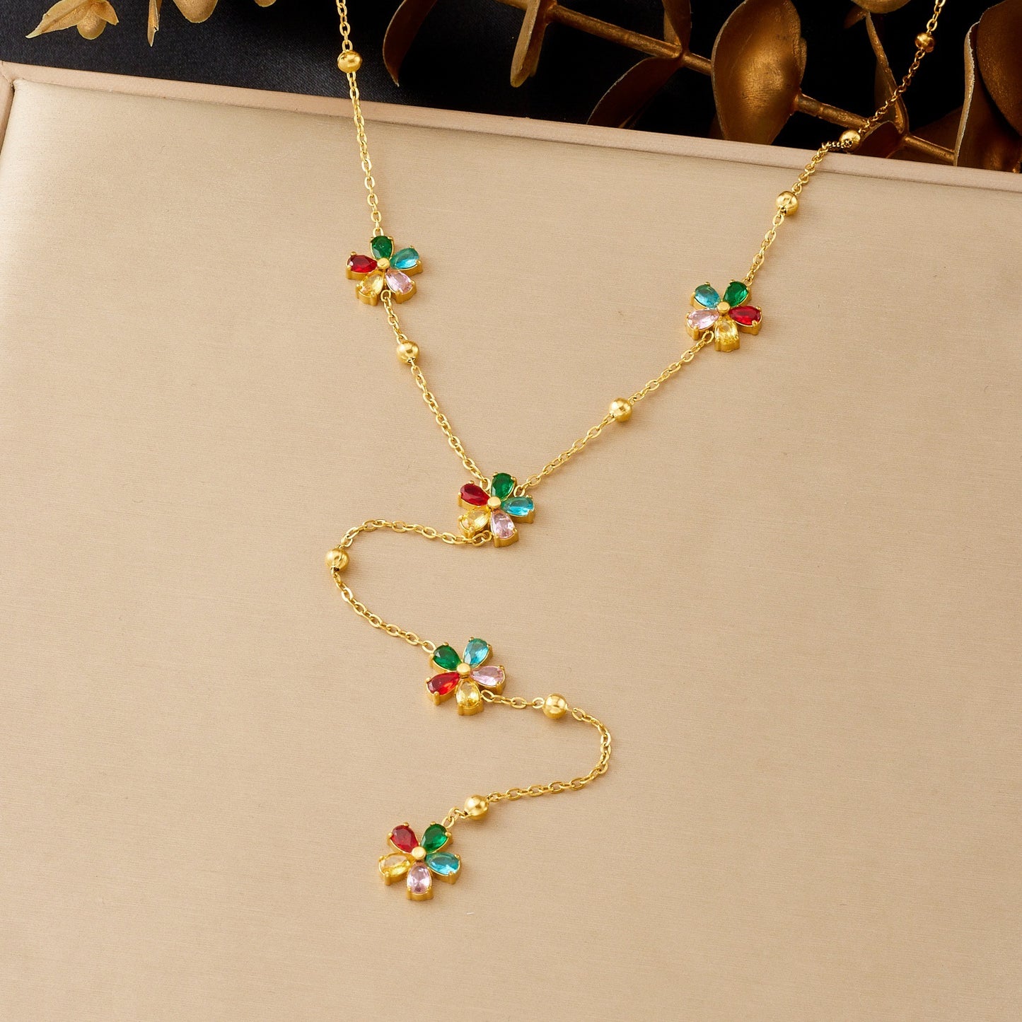 Colorful Rhinestone Floral Tassel Y-Shape Plated Stainless Steel Necklace for Women