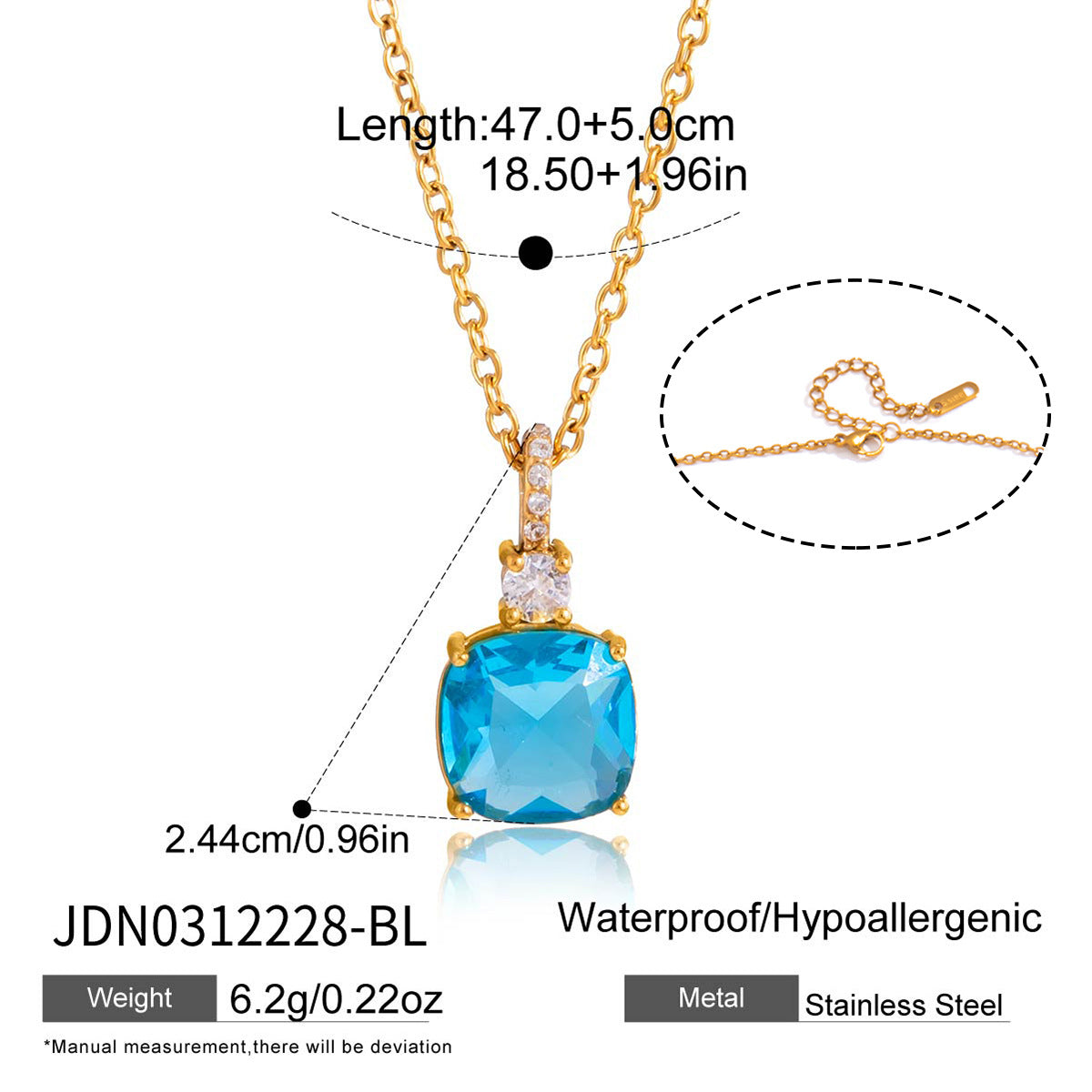 Minimalist Colorful Cubic Zirconia Geometric Square PVD Gold Plated Stainless Steel Necklace for Women