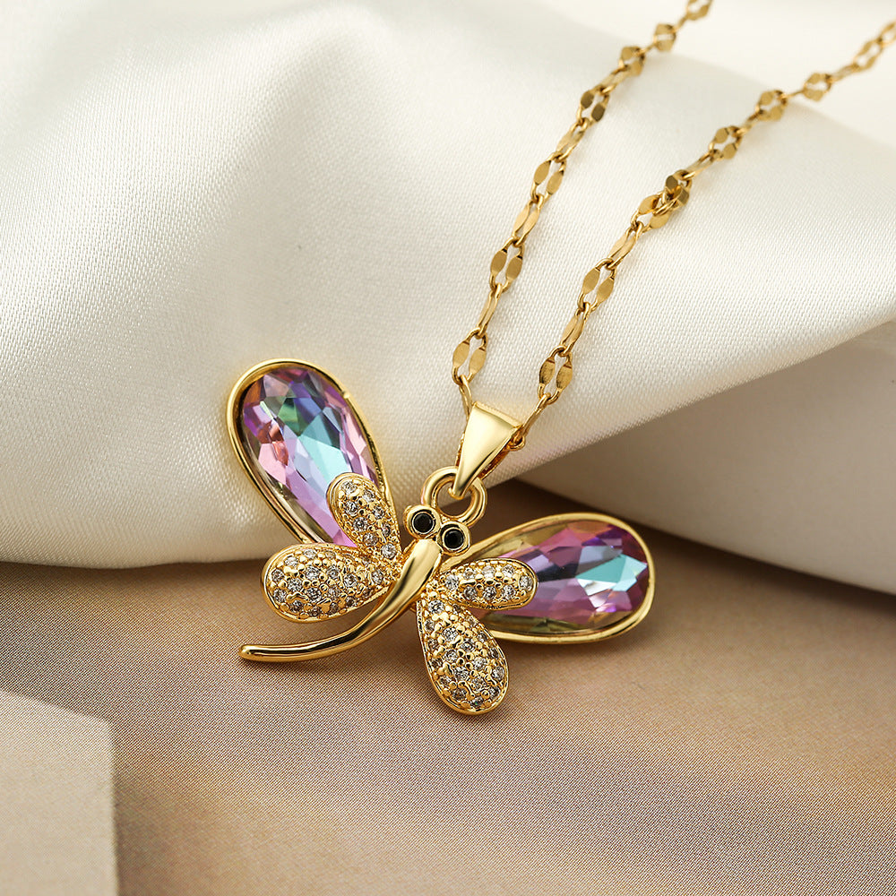 Fashion Minimalist Butterfly Pendant Necklace for Women with Copper Base Plated in Real Gold and Zircon Inlay