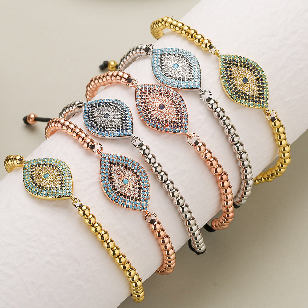 Minimalist Geometric Evil Eye Bracelet for Women in Copper with 18K Gold Plating and Zircon Inlay