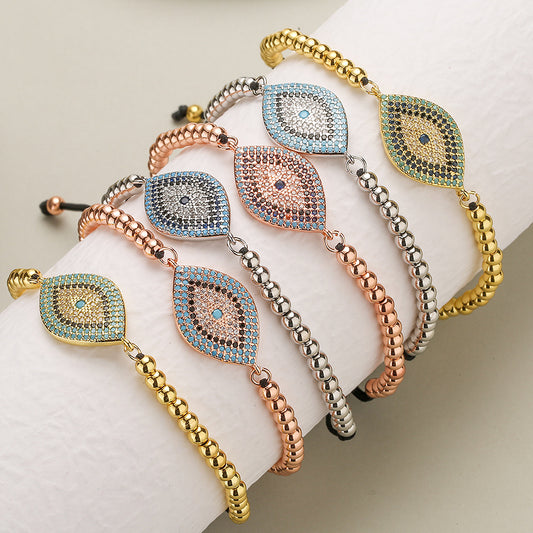 Pulsera minimalista geométrica de ojo turco para mujer de cobre con baño de oro de 18K e incrustaciones de circonitas