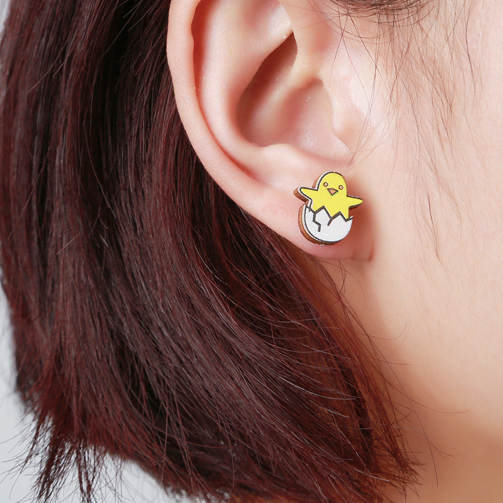 Cute Cartoon Animal Wood Stud Earrings Plated Rabbit Design for Kids