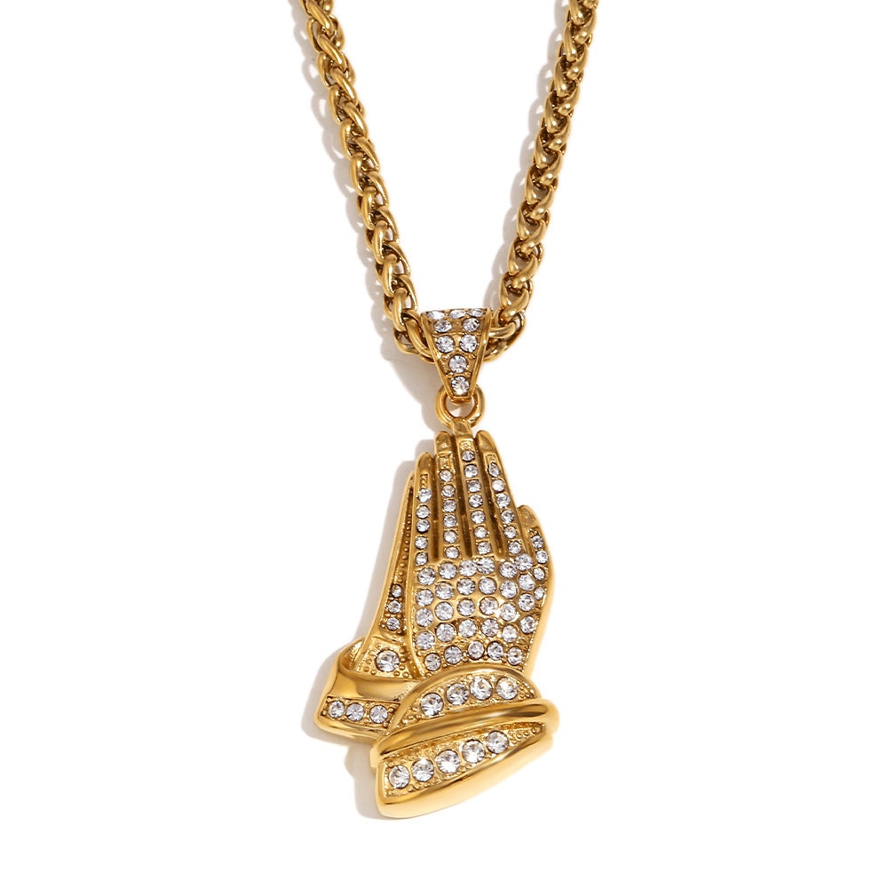 Vintage Hip Hop Geometric Stainless Steel Plated 18K Gold Palm Gesture Pendant Necklace for Men with Twisted Chain