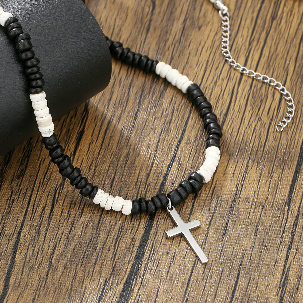 Bohemian Style Wooden Bead and Stainless Steel Cross Pendant Necklace for Men and Women with Geometric Shape and Handmade Craftsmanship