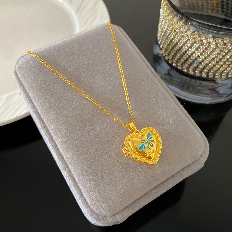 Vintage Enamel Drip Oil Oval Heart Brass Pendant Titanium Steel Necklace Cable Chain