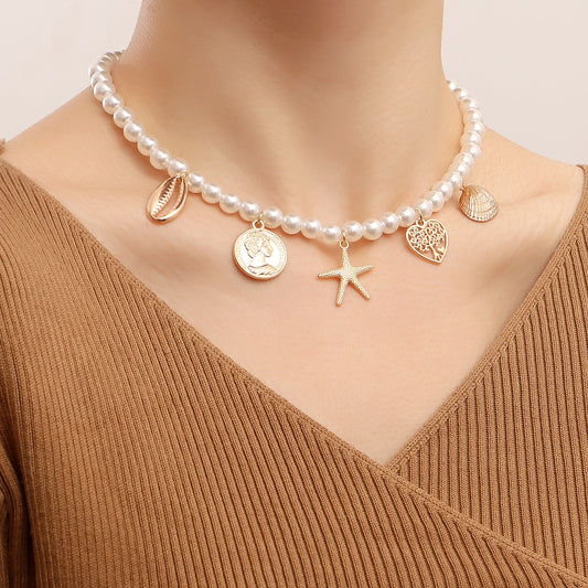 Collar con colgante de estrella de mar inspirado en el océano para mujer, de aleación con acabado chapado, diseño geométrico, cadena de clavícula ajustable