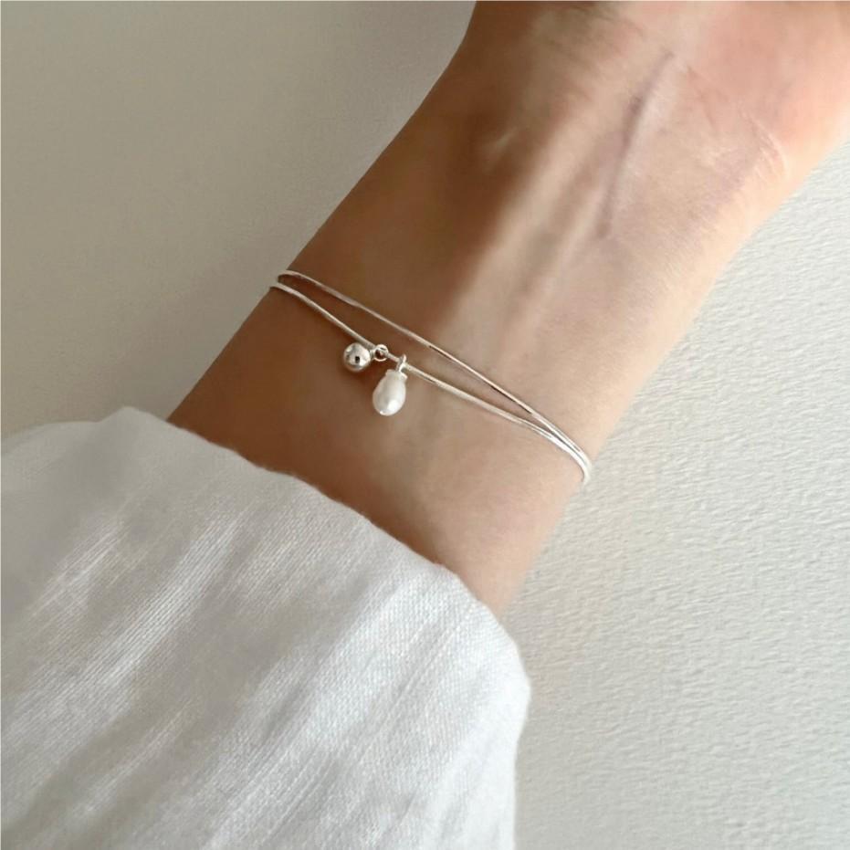 Pulsera minimalista de plata de ley 925 con cadena de serpiente geométrica y perla