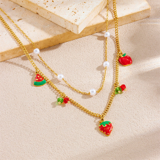 Minimalist Sweet Drip Oil Stainless Steel Fruit Pendant Necklace and Bracelet Set for Women